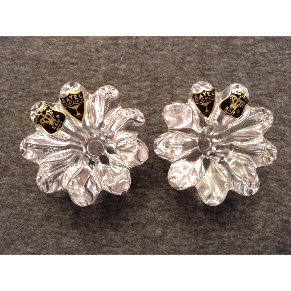Bayel Cristillin Crystal Candle Holders Pair Floral Dsgn Golden Crown France NEW